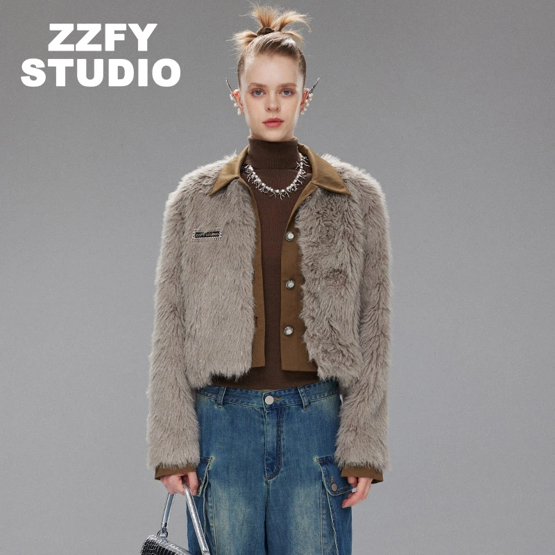 【超总专属】ZZFY STUDIO 拼接翻领皮毛短外套 23DWT421614K