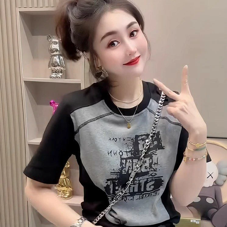 2025夏季新款美式复古明线涂鸦拼色大码短袖t恤女修身插肩袖上衣