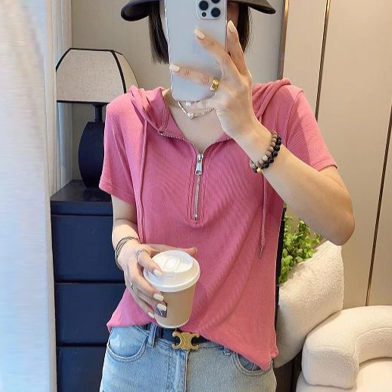 螺纹棉连帽t恤女2025夏季新款拉链时尚设计感纯色短袖上衣女ins潮
