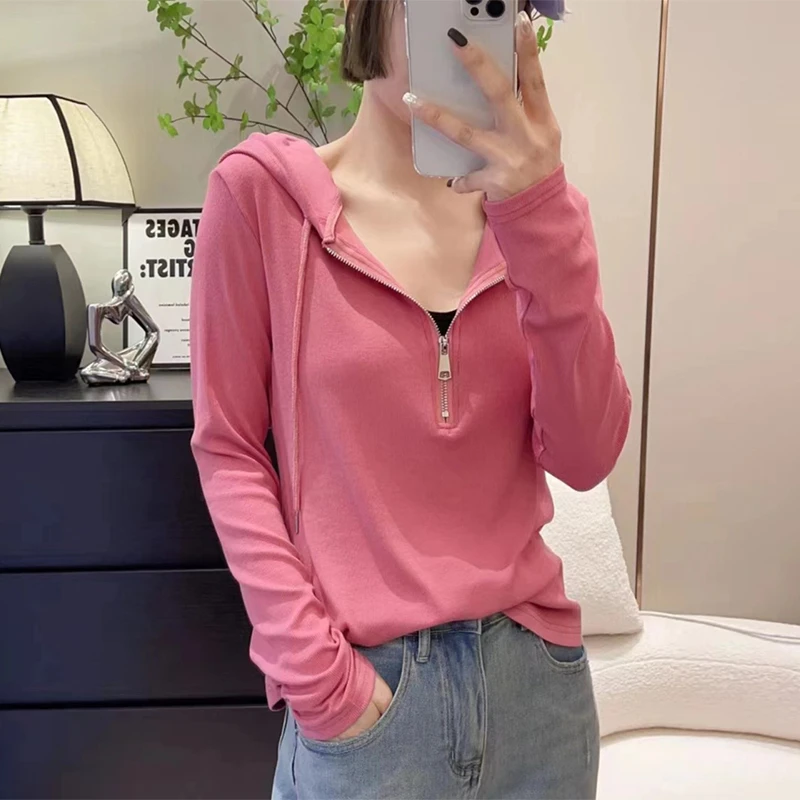 螺纹棉长袖T恤女2025秋季新款大码百搭显瘦拉链打底上衣连帽小衫