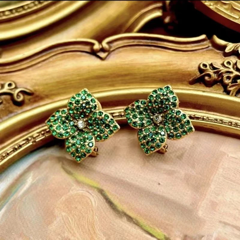 气质轻奢时尚百搭绿色复古彩色精致优雅镶嵌耳环5719