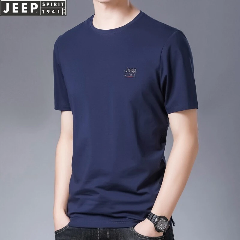 JEEP吉普短袖t恤男圆领大码男装夏季薄款纯色刺绣纯棉体恤打底衫