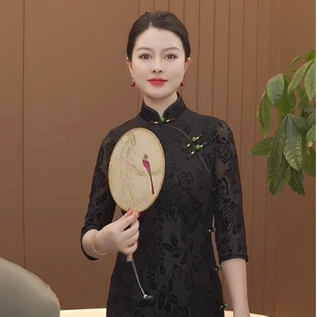 JZ008旗袍国风夏季复古休闲百搭时尚中式气质网红修身黑色长款ins