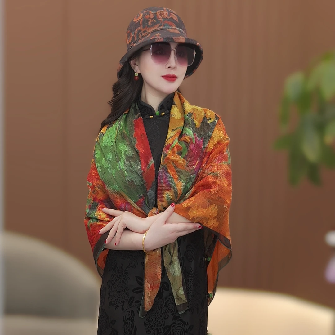 JZ050【油画向日葵】140*140剪花双色女士气质丝巾围巾披肩时尚百搭