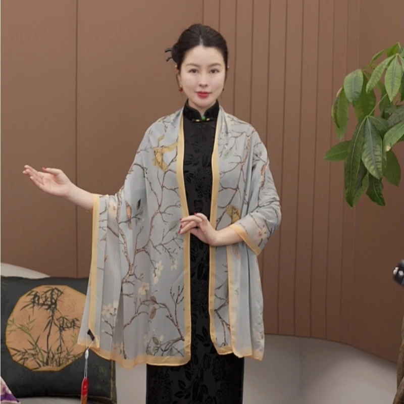 JZ035 【喜上枝头】180x70薯莨纱双面双色提花围巾披肩百搭时尚女士