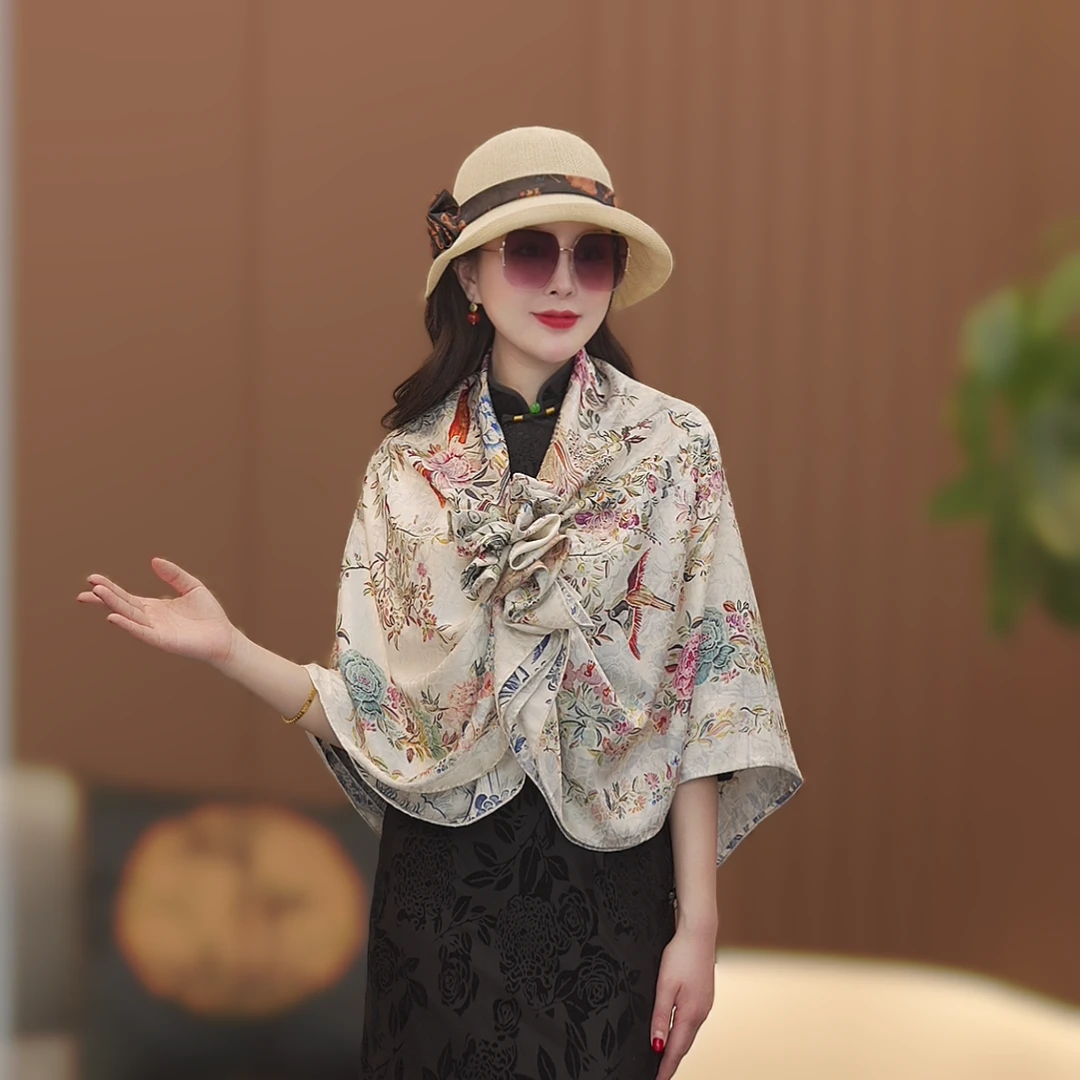 【百鸟朝凤】 140*140龟裂纹香云花萝双面双色丝巾围巾披肩女士防晒