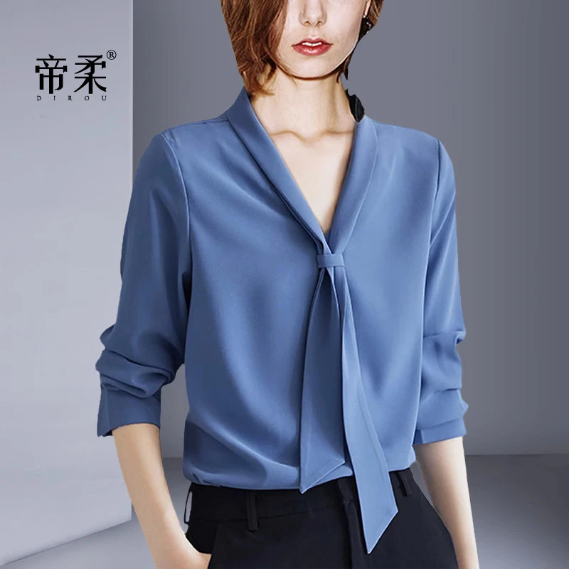 帝柔2025法式秋季高级感时尚蓝色衬衫设计感小众上衣垂带别致衬衣