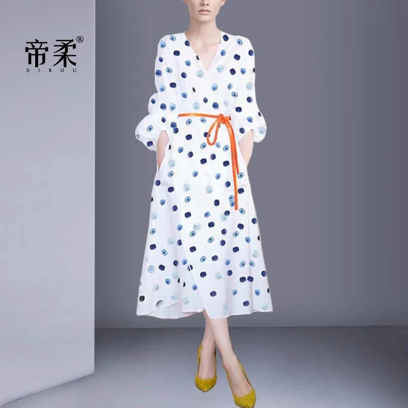 【特惠】帝柔春秋时尚连衣裙女气质波点印花收腰显瘦大摆中长裙子