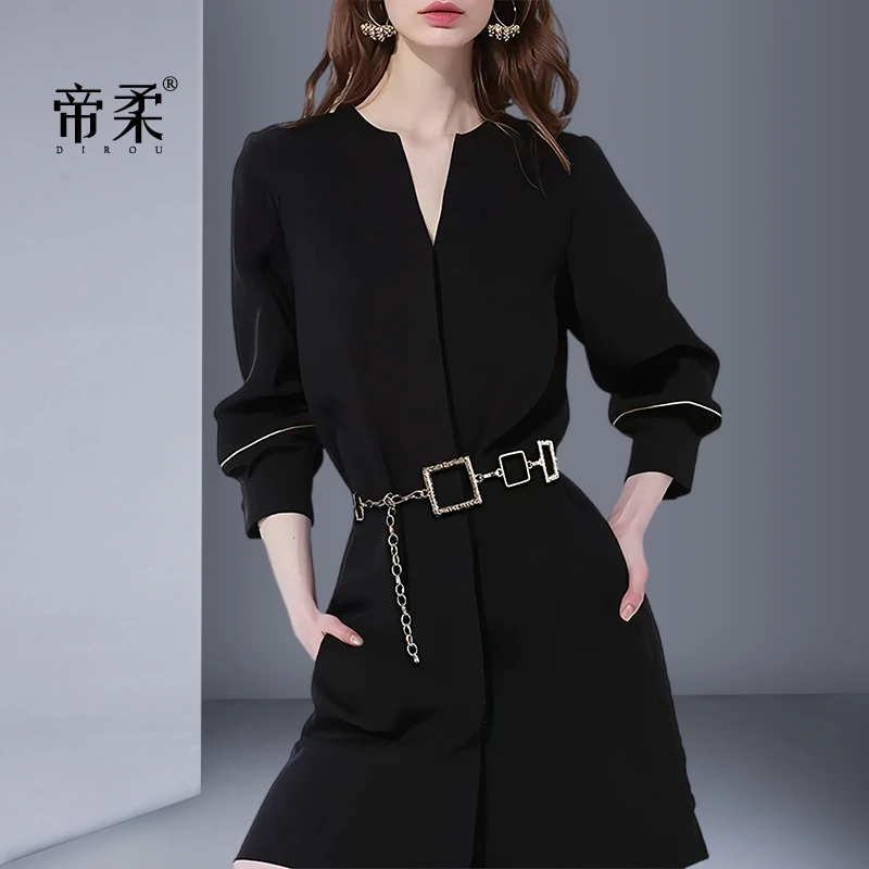 气质V领百搭修身连衣裙御姐2025春秋新款收腰显瘦长袖裙子中长款