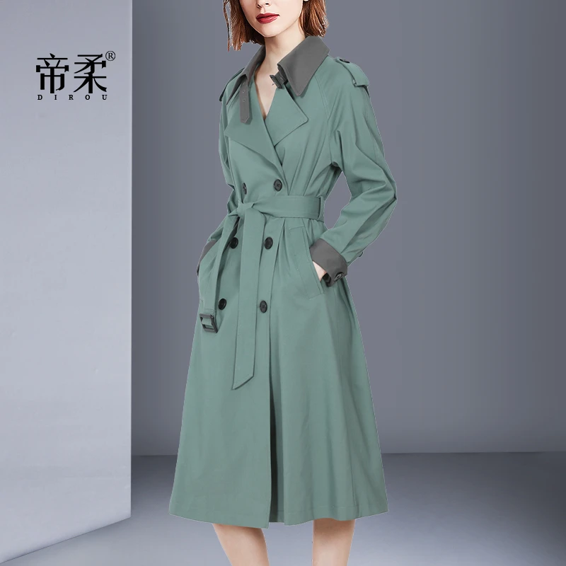 2025秋季新款修身时尚绿色风衣女中长款收腰气质英伦风大衣外套