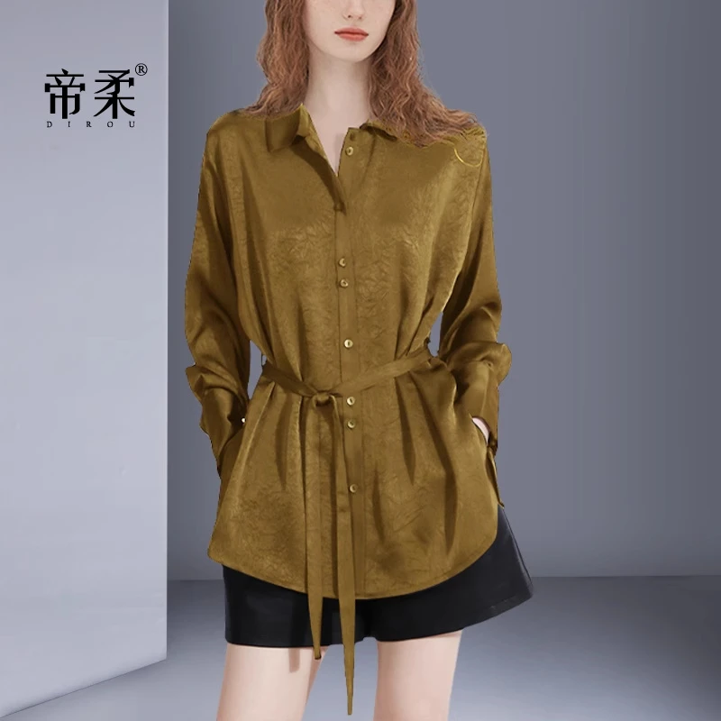 法式松弛感衬衫复古暗纹印花宽松系带2025春秋新款洋气中长款衬衣