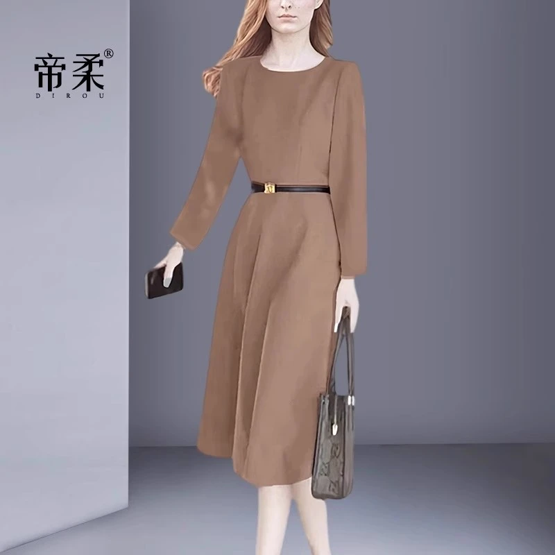 帝柔通勤长袖连衣裙2025年春秋时尚气质高档年轻漂亮简约中长裙子