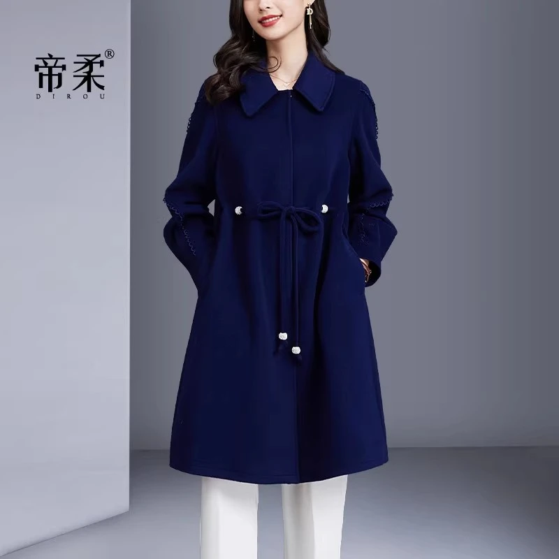 欧美时尚高端中长款抽绳羊毛呢外套女贵夫人气质毛呢子大衣大码