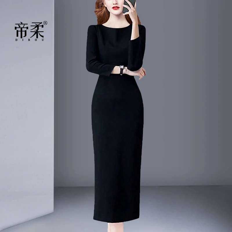 高级感黑色修身职场连衣裙长袖2025秋季新款气质名媛女神范赫本风