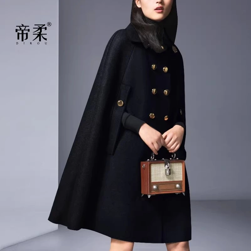 高档毛呢子大衣女2025秋冬流行英伦斗篷型呢外套双排扣中长款潮