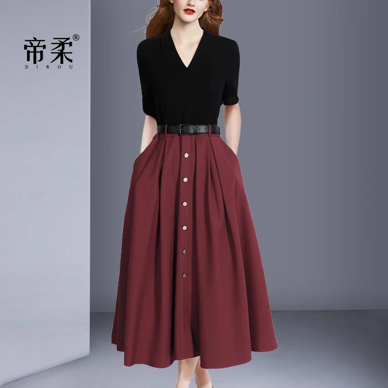 法式复古黑色衬衫酒红裙子两件套2025新款时尚收腰气质通勤套装夏