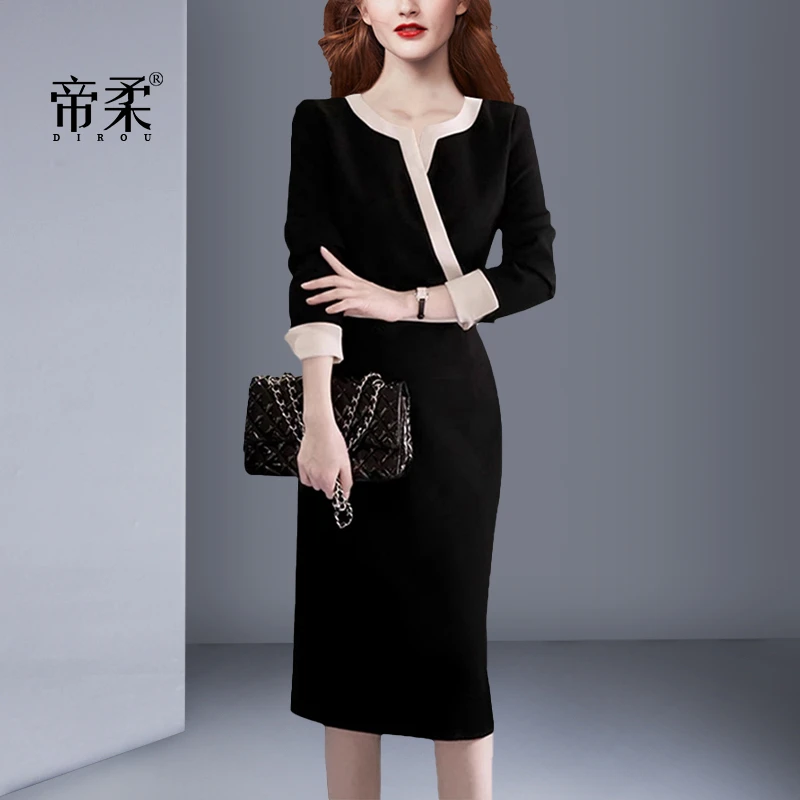 高级感轻奢名媛优雅气质显瘦连衣裙2025秋季新款修身包臀V领拼色