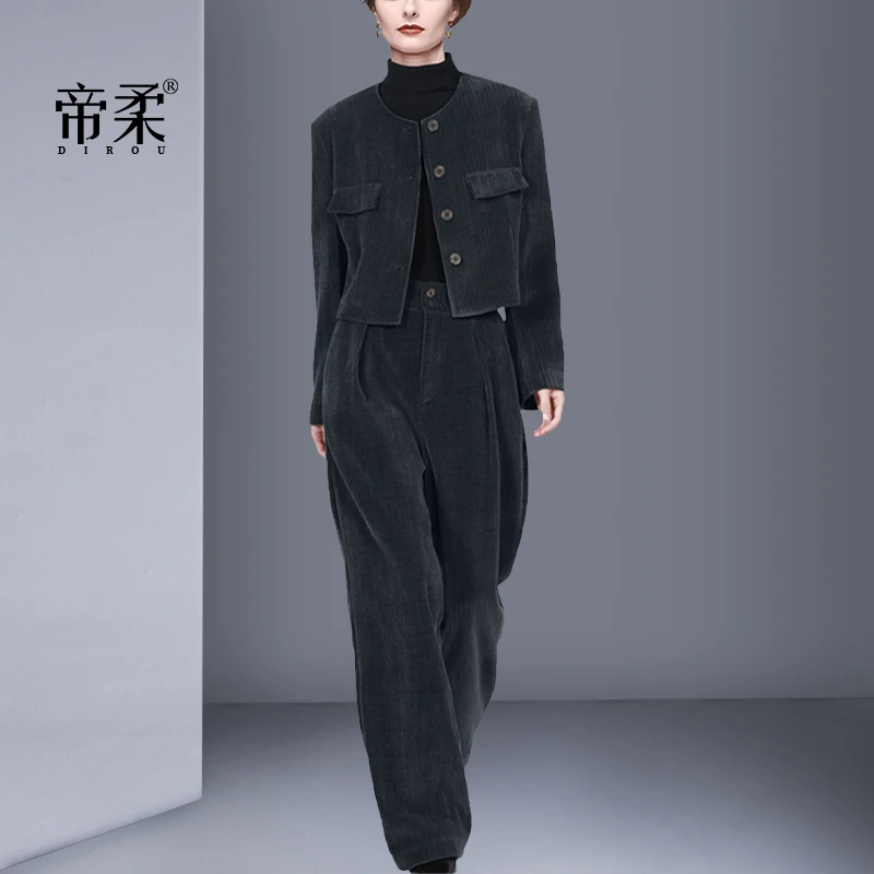 欧美高端大牌范时尚套装2025春秋新款圆领短外套宽松阔腿裤两件套