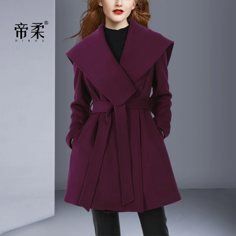 帝柔减龄大翻领高贵紫色毛呢外套2025秋冬新品羊毛呢子大衣修身女