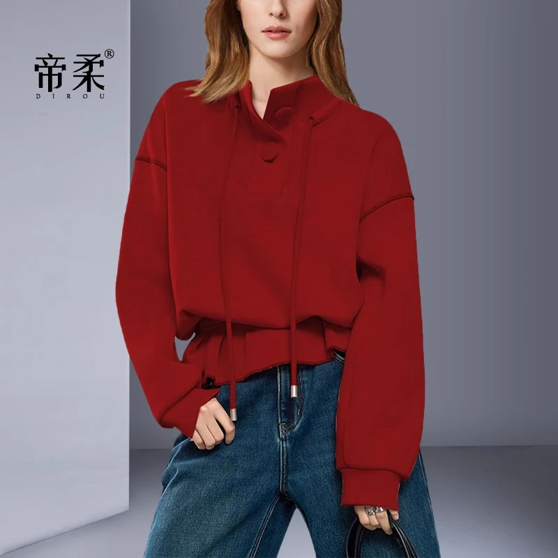 欧美设计感红色卫衣2025秋季新款百搭宽松短款上衣时尚洋气运动风