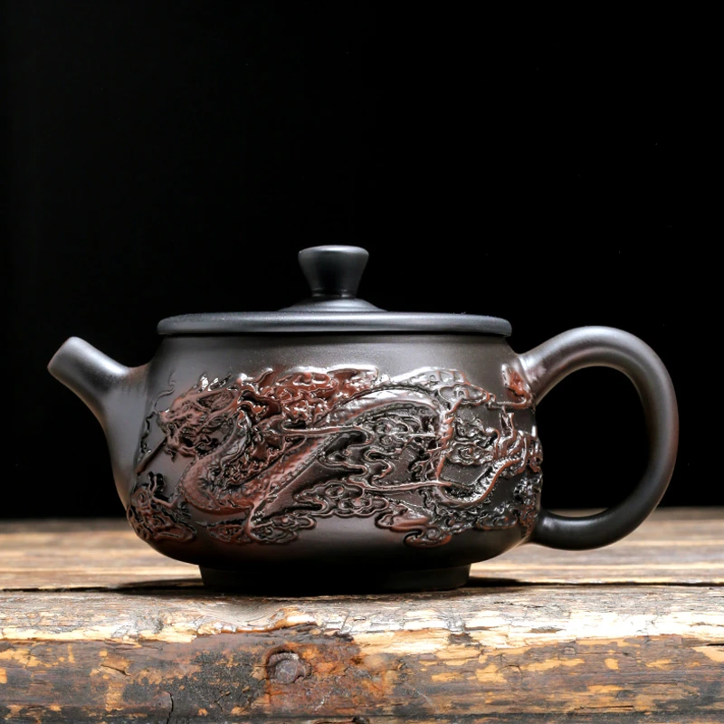 紫砂壶原矿紫陶泥茶壶功夫茶具家用泡茶壶浮雕龙凤呈祥壶泡茶器