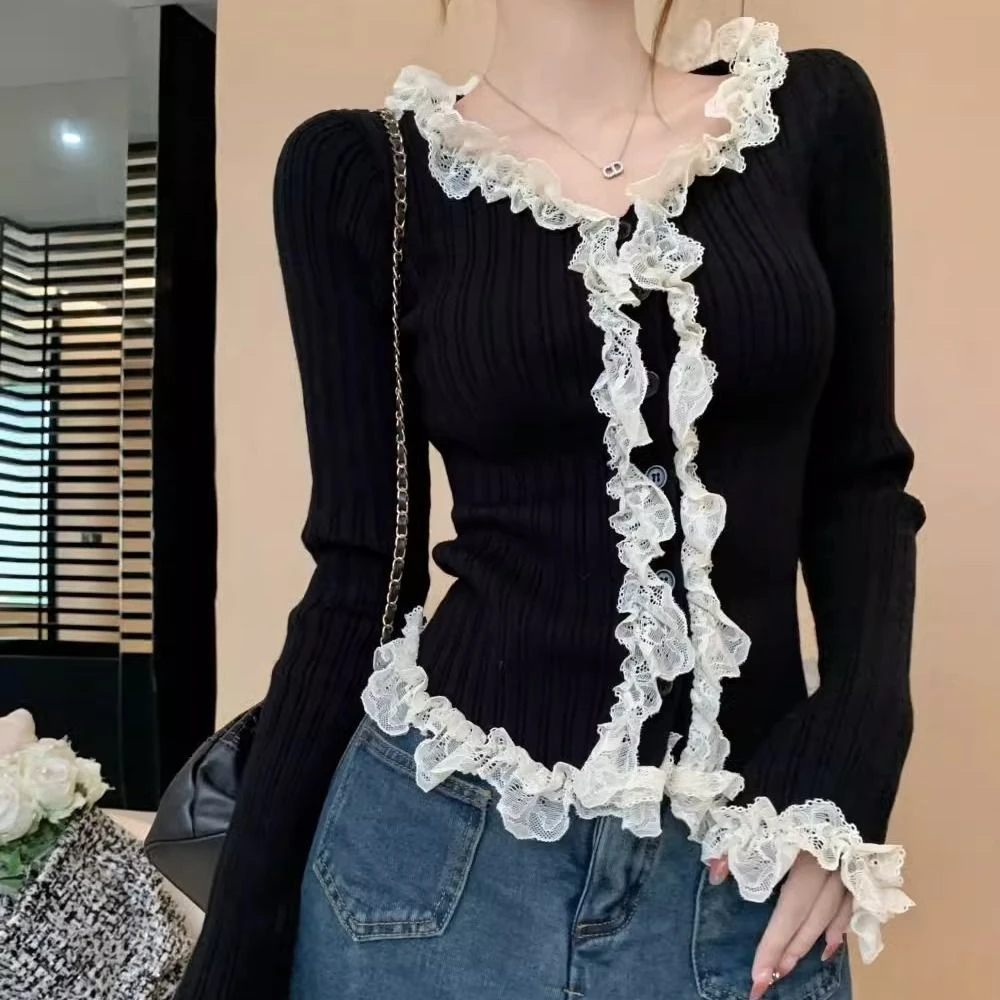 洋气法式蕾丝花边长袖女收腰温柔风早春约会上衣显瘦设计感开衫
