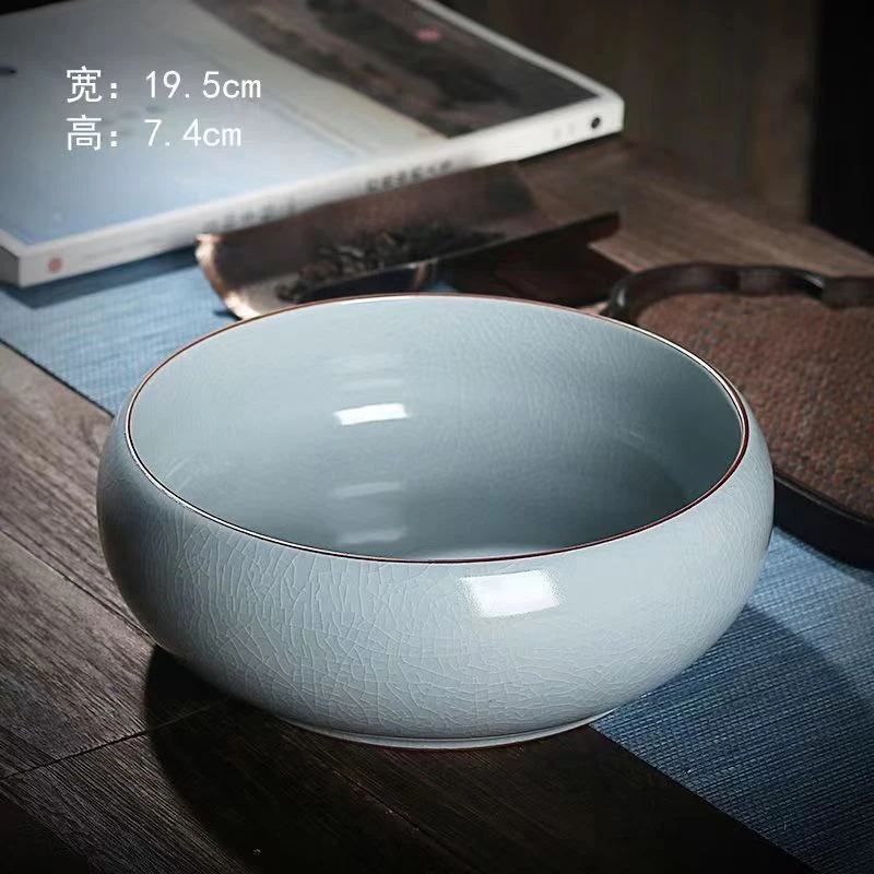 陶瓷茶洗汝窑天青茶道笔洗家用大号茶具水盂圆形收纳茶杯杯洗开片