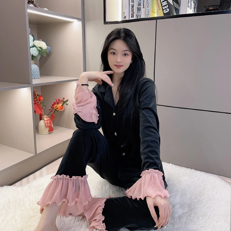 海岛绒睡衣秋冬新款双面抗静电简约喇叭袖休闲高级感家居服可外穿