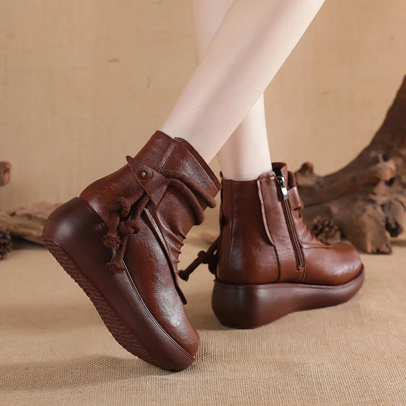 增高厚底靴子女高跟2025秋季新款时尚复古软底牛皮棉靴松糕底