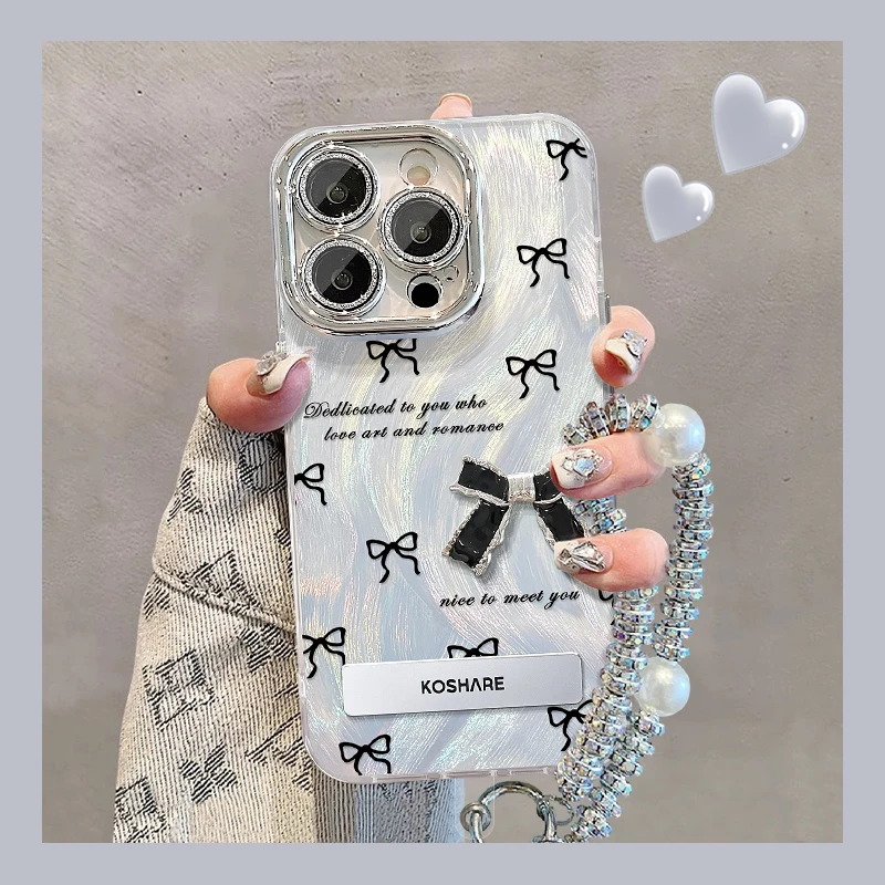 适用苹果vivo华为oppo小米iPhone14黑色蝴蝶结精孔羽纱支架手机壳