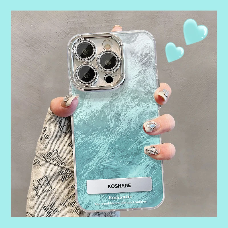 适用苹果vivo华为oppo小米iPhone15冰蓝渐变精孔冰川纹支架手机壳