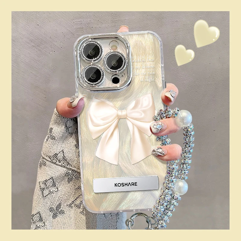 适用苹果vivo华为oppo小米iPhone14丝绸蝴蝶结精孔羽纱支架手机壳