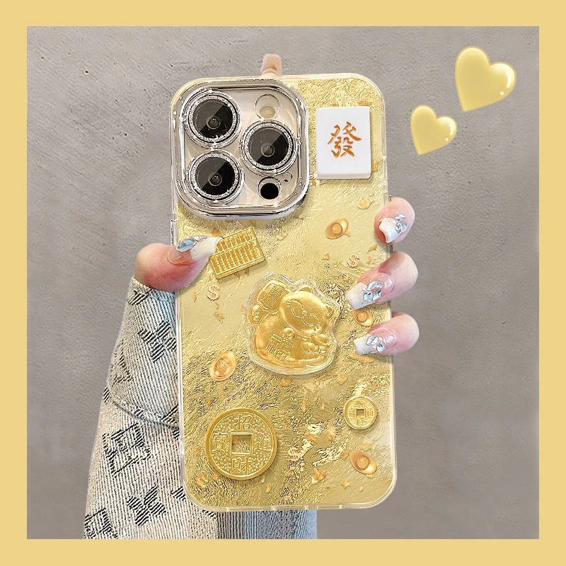 招财猫公仔适用苹果15华为vivo/oppo小米iPhone精孔冰川纹手机壳