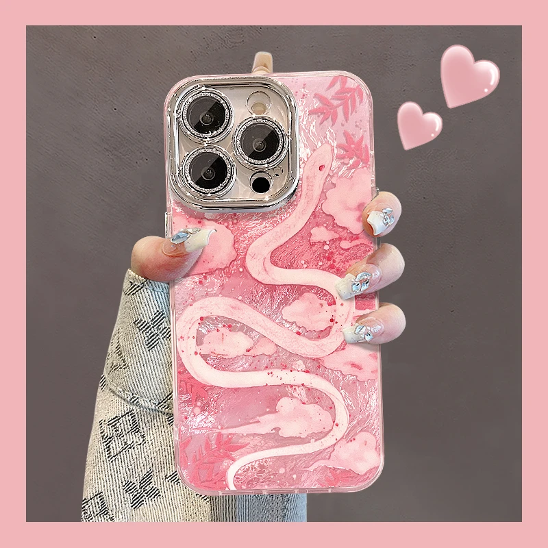 云彩粉蛇适用苹果15华为vivo/oppo小米iPhone16精孔冰川纹手机壳