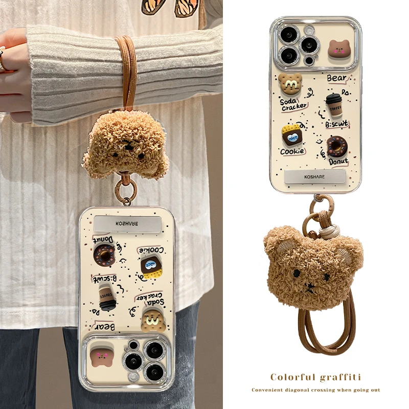 适用苹果/华为/vivo/oppo/小米咖啡公仔电镀大视窗支架手机壳