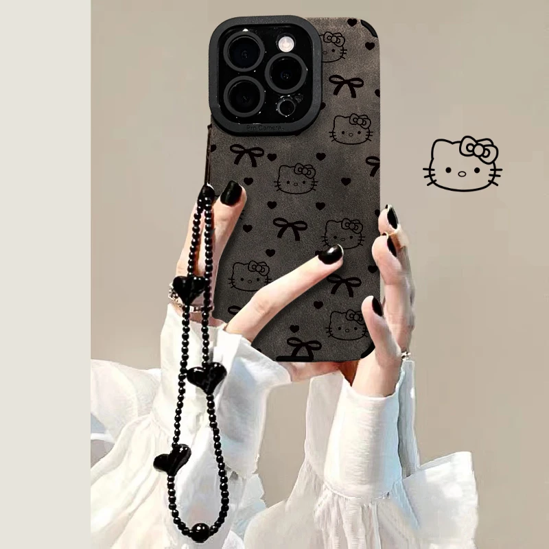 适用于苹果15华为vivo女oppo小米iPhone16蝴蝶结凯蒂猫皮质手机壳