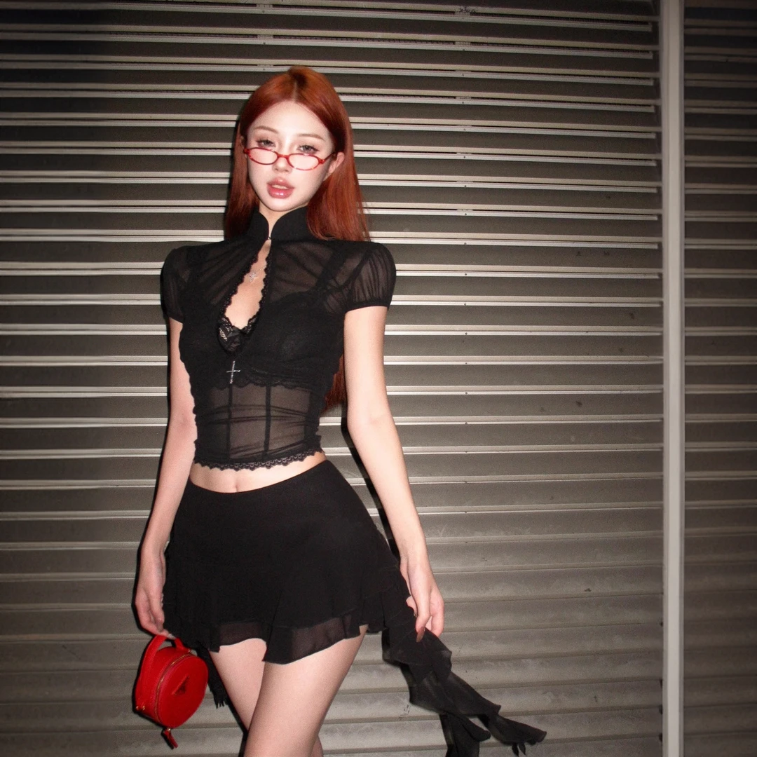 辣妹套装黑色网纱长袖T恤上衣女秋季性感时尚收腰半身短裙两件套