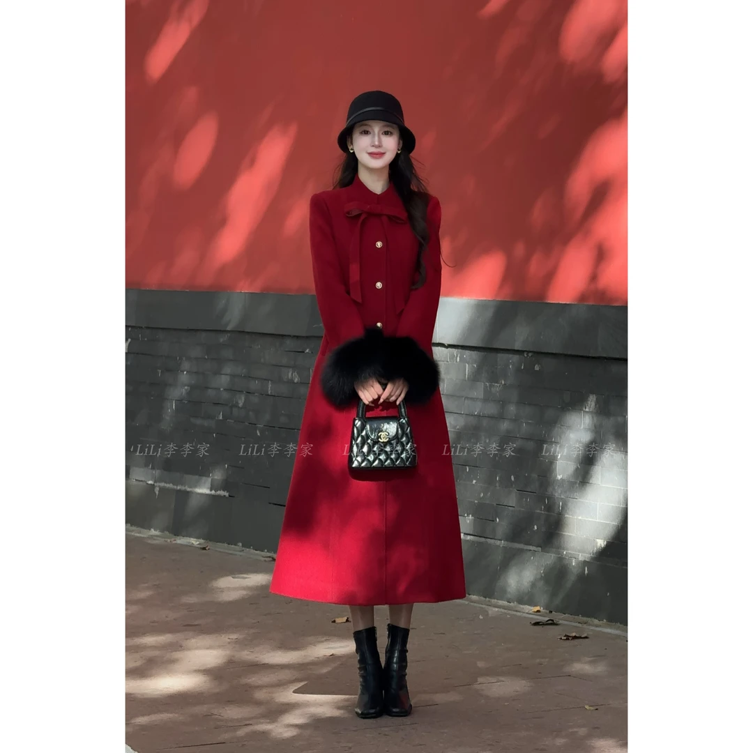 【红茶朗姆】LiLi千金风显贵红色加棉毛呢大衣XMZH5391