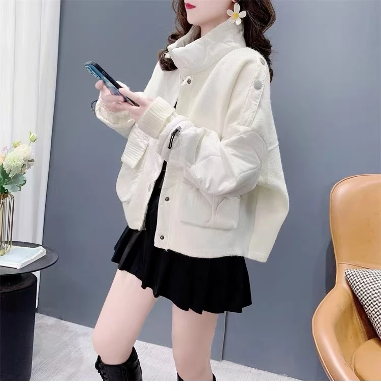 设计感拼接毛衣开衫女棉服2024秋冬季爆款韩系慵懒风短款针织外套