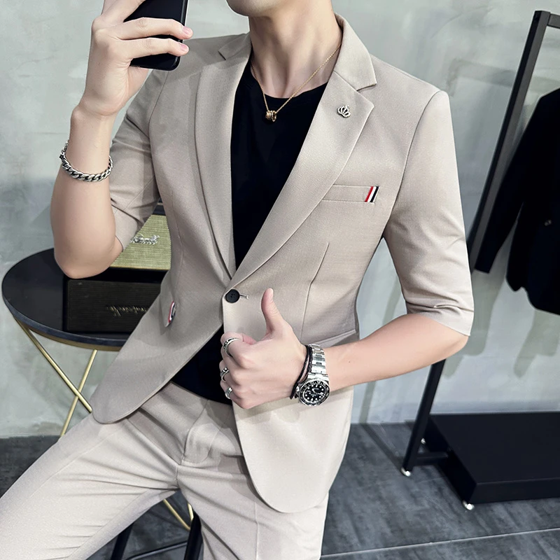 2024夏季新款七分袖西装男士套装九分休闲裤中袖西服修身痞帅韩式