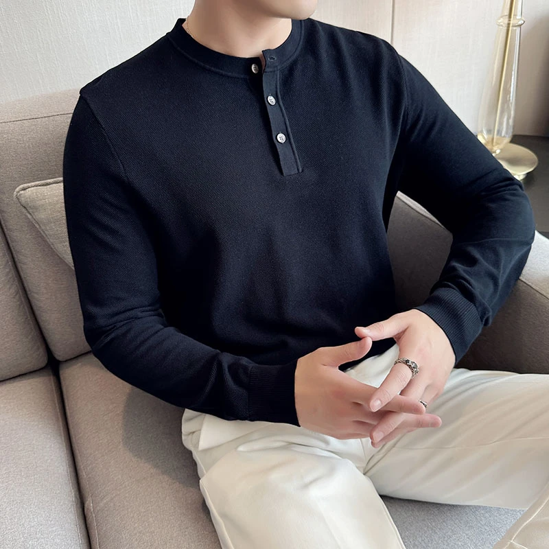 秋冬高级感商务亨利领纯棉针织衫修身休闲百搭圆领套头打底毛衣男