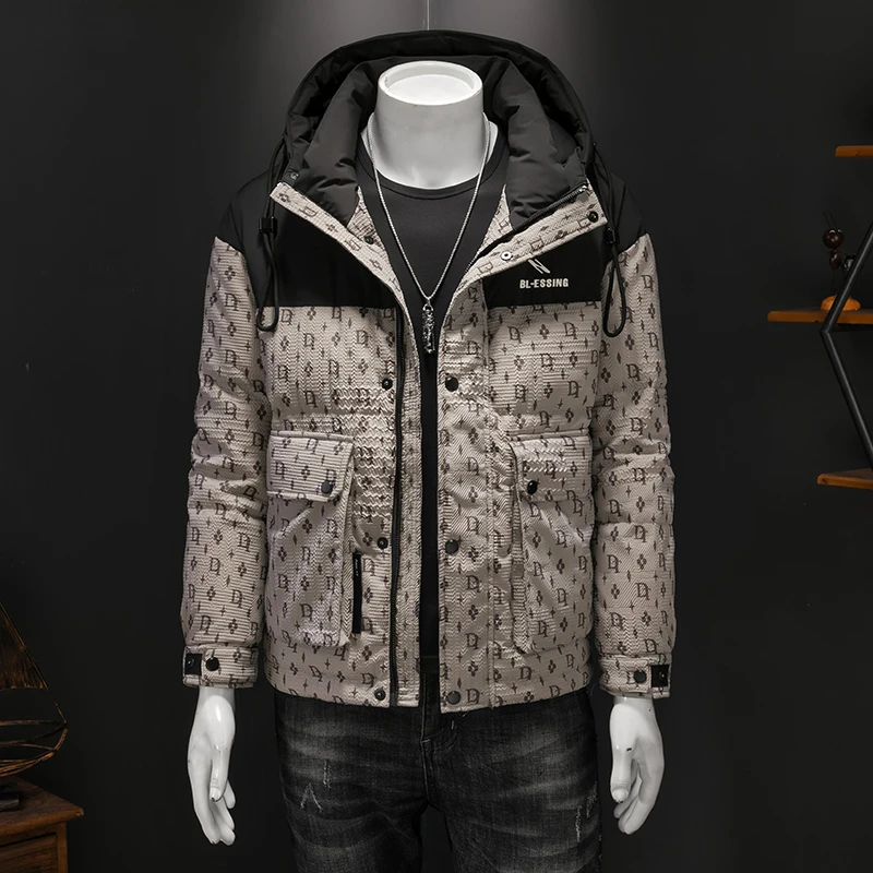 连帽羽绒服男2024新款冬季加厚保暖字母印花拼接户外防风工装外套