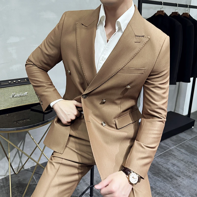 高级感戗驳领双排扣西装两件套男西服套装结婚休闲质感西服英伦雅