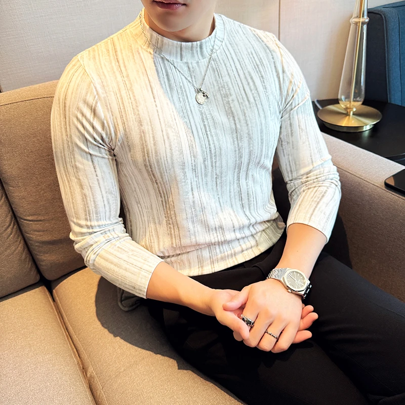 长袖T恤男高级感半高领打底衫秋冬修身中领加厚竖条纹内搭上衣潮