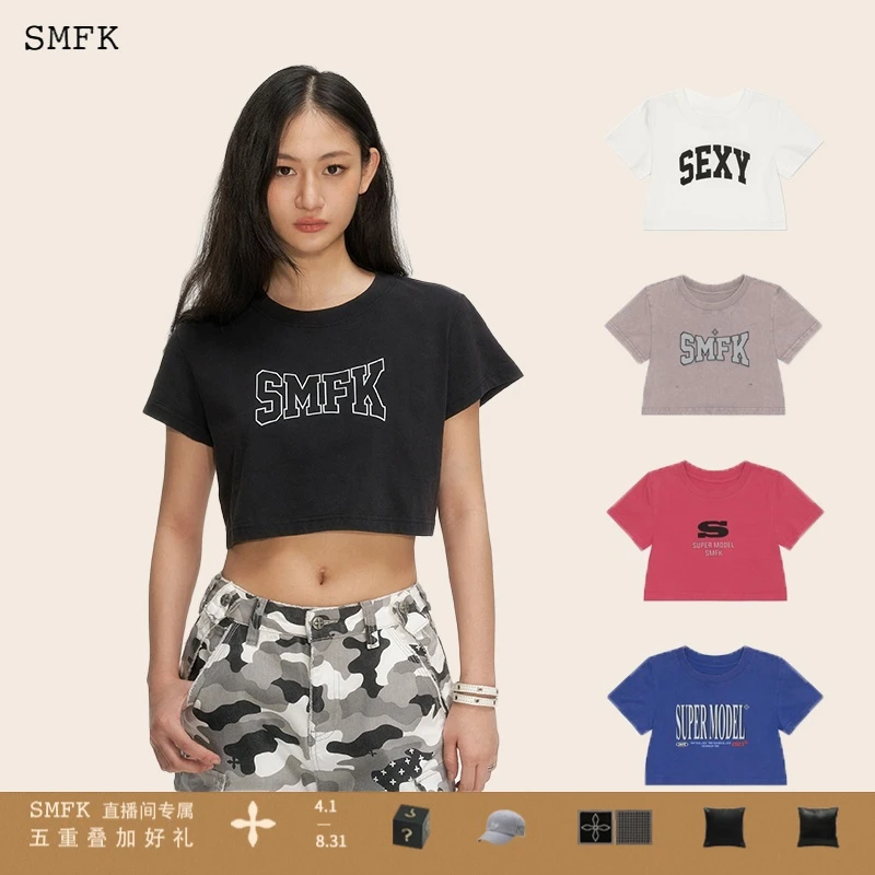 SMFKModel模特短Tee荒野黑 DT007B 美式复古短T露腰潮流印花5色