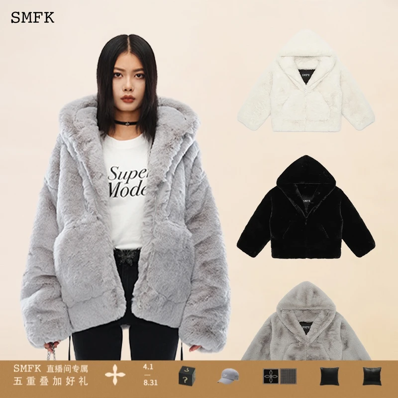 SMFKSnowman雪人帽衫 CF002LG 灰色短款连帽毛绒外套潮流百搭防寒