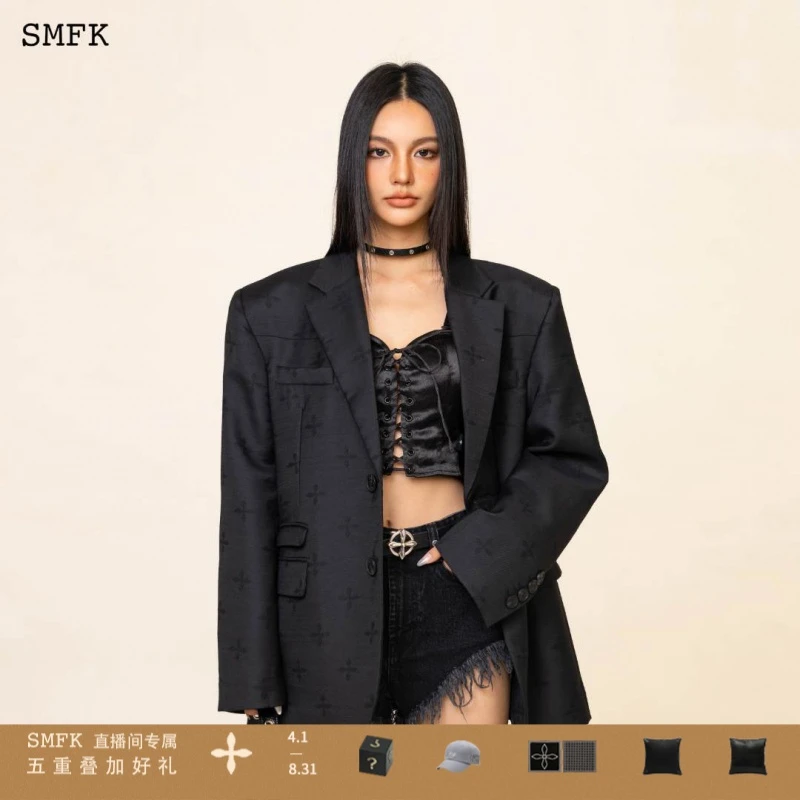 SMFK黑花园羊毛阔身西装SU002BG 黑色宽肩十字提花廓形西服外套