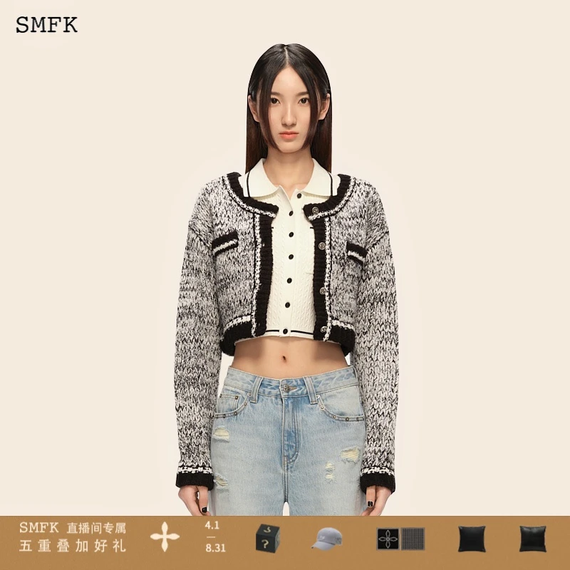 SMFK春款黑白短针织外套粗花呢夹克时尚气质设计师女士UG004BS