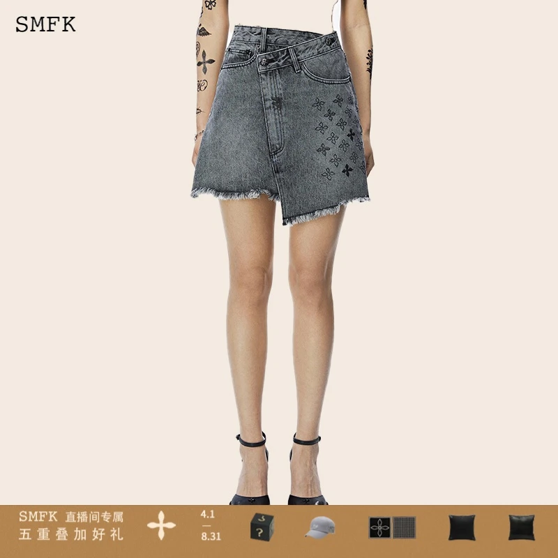 SMFKDancer黑暗舞团牛仔裙 UP015GY 时尚高腰显瘦不规则灰色A字裙