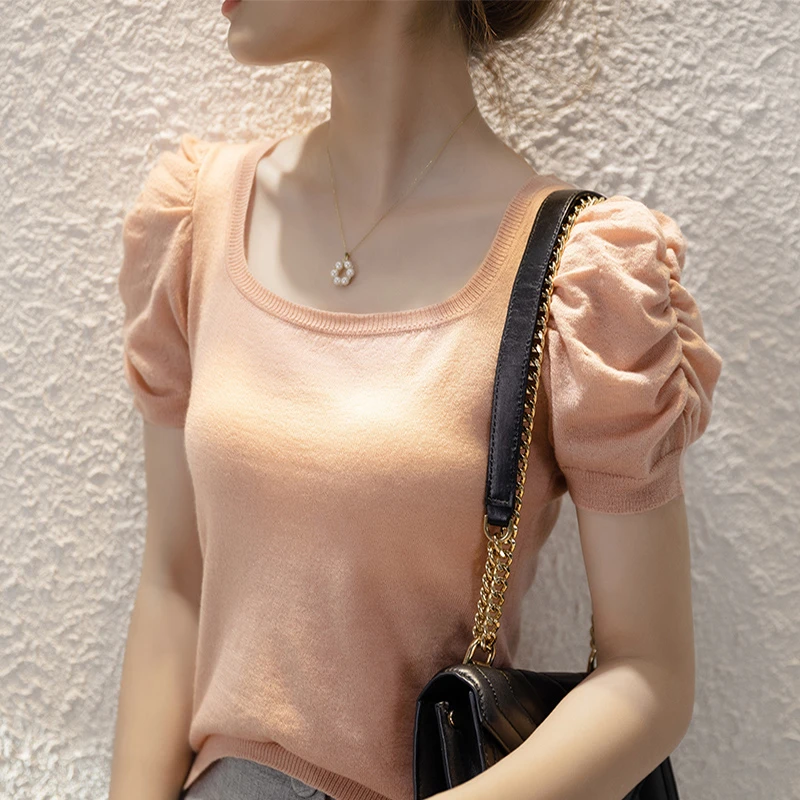 【100分纯羊毛】法式泡泡袖显瘦气质夏季修身方领设计感打底时尚